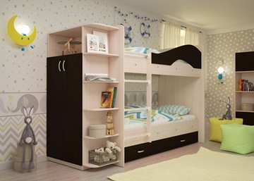 Двухъярусная детская кровать ТМК Мая на щитах со шкафом и ящиками, корпус Млечный дуб, фасад Венге в Чите