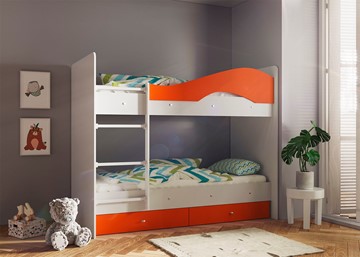 Двухъярусная кровать Мая с 2 ящиками на щитах, корпус Млечный дуб, фасад Оранжевый в Чите