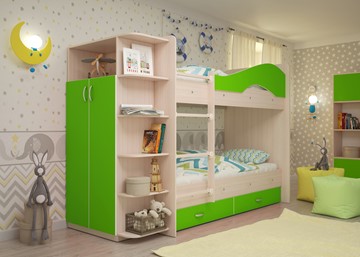 Детская 2-этажная кровать ТМК Мая на щитах со шкафом и ящиками, корпус Млечный дуб, фасад Салатовый в Чите