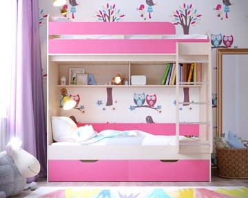 Детская двухэтажная кровать Юниор-5, каркас Дуб, фасад Розовый в Чите