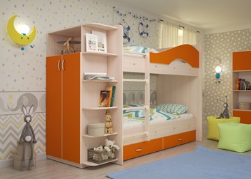 Кровать 2-ярусная Мая на щитах со шкафом и ящиками, корпус Млечный дуб, фасад Оранжевый в Чите