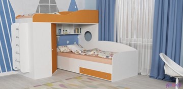 Детская кровать-чердак Кадет-2 с металлической лестницей, корпус Белое дерево, фасад Оранжевый в Чите