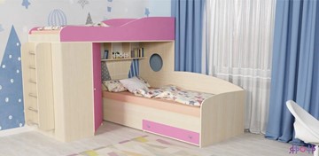 Кровать-чердак детская Кадет-2 с металлической лестницей, корпус Дуб, фасад Розовый в Чите