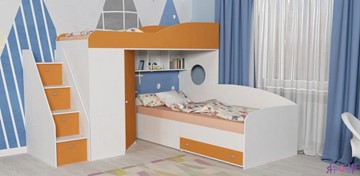 Кровать-чердак в детскую Кадет-2 с универсальной лестницей, корпус Белое дерево, фасад Оранжевый в Чите