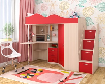 Детская кровать-шкаф Пионер-1, каркас Дуб, фасад Красный в Чите