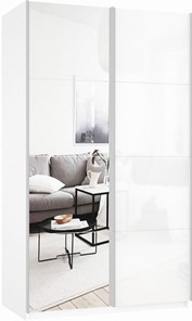 Шкаф 2-х створчатый Прайм (Зеркало/Белое стекло) 1400x570x2300, белый снег в Чите