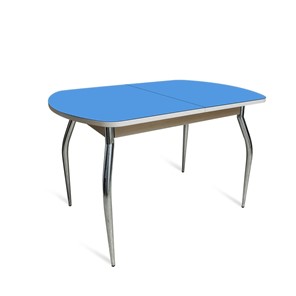 Кухонный стол ПГ-05 СТ2, дуб молочный/синие стекло/35 хром гнутые металл в Чите