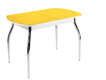 Кухонный раскладной стол ПГ-07 СТ2, белое/желтое стекло/35 хром гнутые металл в Чите