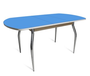 Кухонный стол раскладной ПГ-02 СТ2, дуб молочный/синие стекло/35 хром гнутые металл в Чите