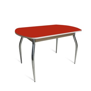 Кухонный обеденный стол ПГ-04 СТ2, белое ЛДСП/алое стекло/35 хром гнутые металл в Чите