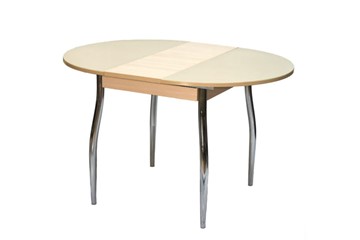 Круглый стол на кухню ПГ-К СТ, дуб молочный/стекло песочное/35 хром гнутые в Чите