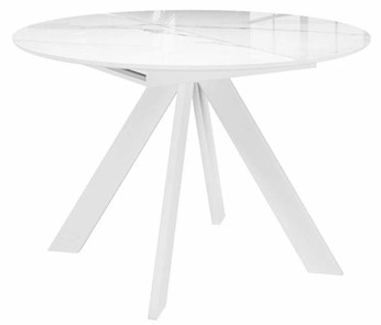 Стеклянный обеденный стол раздвижной DikLine SFC110 d1100 стекло Оптивайт Белый мрамор/подстолье белое/опоры белые в Чите