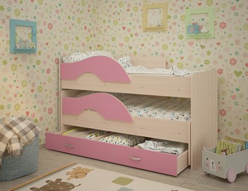 Детская 2-х ярусная кровать Радуга 1.6 с ящиком, корпус Млечный дуб, фасад Розовый в Чите