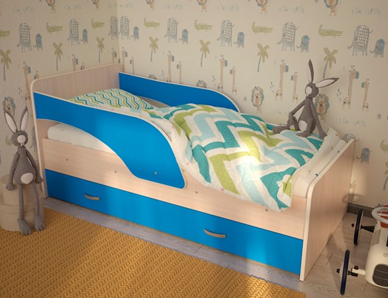 Кровать с бортиками Максимка, корпус Млечный дуб, фасад Синий в Чите - изображение