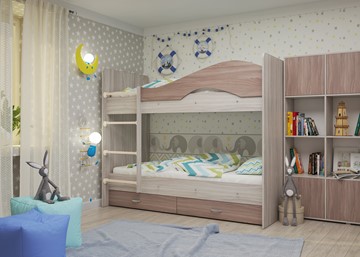 Детская двухэтажная кровать Мая с 2 ящиками на щитах, корпус Шимо светлый, фасад Шимо темный в Чите - предосмотр