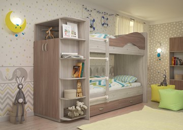 Двухэтажная детская кровать Мая на щитах со шкафом и ящиками, корпус Шимо светлый, фасад Шимо темный в Чите