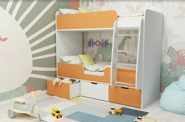 Детская двухэтажная кровать Малыш двойняшка 70х160, корпус Белое дерево, фасад Оранжевый в Чите