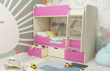 Двухэтажная кровать Малыш двойняшка 70х160, корпус Дуб молочный, фасад Розовый в Чите
