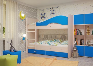 Детская 2-х ярусная кровать Мая на щитах со шкафом и ящиками, корпус Млечный дуб, фасад Синий в Чите - предосмотр 2
