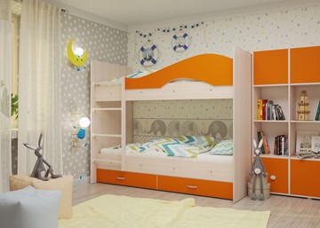 Двухъярусная кровать Мая с 2 ящиками на щитах, корпус Млечный дуб, фасад Оранжевый в Чите - предосмотр 3