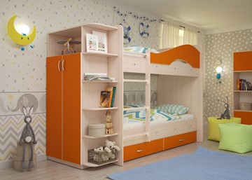 Двухъярусная кровать Мая с 2 ящиками на щитах, корпус Млечный дуб, фасад Оранжевый в Чите - предосмотр 1
