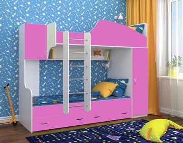 Детская кровать-шкаф Юниор-2, каркас Белое дерево, фасад Розовый в Чите