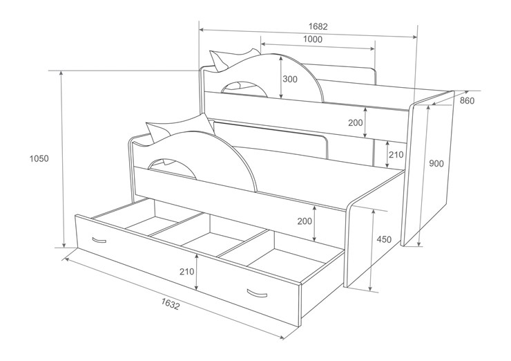 Кровать 2-ярусная Радуга 1.6 с ящиком, корпус Млечный дуб, фасад Венге в Чите - изображение 2