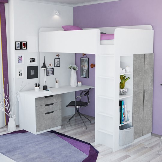 Кровать 2-х ярусная с письменным столом и шкафом POLINI Kids Simple Белый / Бетон в Чите - изображение 1
