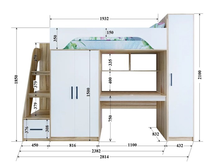 Кровать-чердак с шкафом Тея, каркас Ясень, фасад Белый в Чите - изображение 2