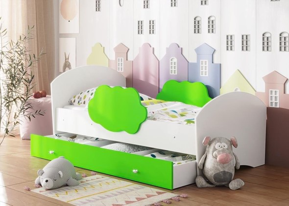 Детская кровать с бортиками Тучка с ящиком, корпус Белый, фасад Лайм в Чите - изображение