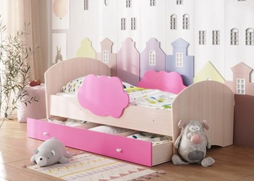 Кровать детская Тучка с ящиком, корпус Дуб млечный, фасад Розовый в Чите