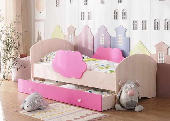 Кровать детская Тучка с ящиком, корпус Дуб млечный, фасад Розовый в Чите - изображение