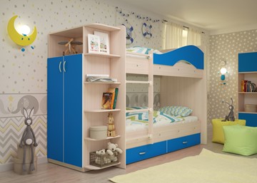 Детская 2-х ярусная кровать ТМК Мая на щитах со шкафом и ящиками, корпус Млечный дуб, фасад Синий в Чите