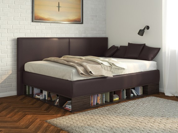 Кровать в детскую Lancaster 1, 120х200, ЛДСП венге, экокожа коричневая в Чите - изображение