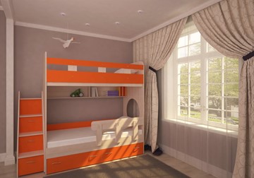 Двухъярусная кровать Юниор-1 с бортом, каркас Дуб, фасад Оранжевый в Чите - предосмотр