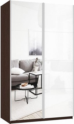 Шкаф 2-дверный Прайм (Зеркало/Белое стекло) 1400x570x2300, венге в Чите - изображение
