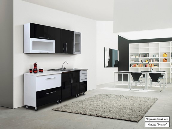 Кухонный гарнитур Мыло 224 2000х718, цвет Черный/Белый металлик в Чите - изображение