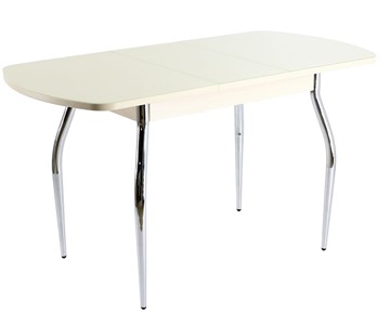 Кухонный стол раздвижной ПГ-07 СТ1, дуб молочный/белое стекло/35 хром гнутые в Чите