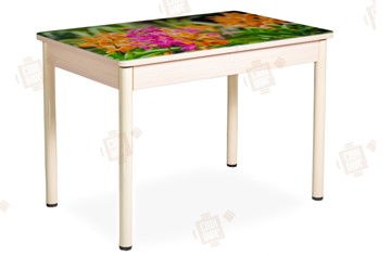 Кухонный стол раскладной Айсберг-02 СТФ, Дуб ЛДСП/полевые цветы/ноги крашеные в Чите