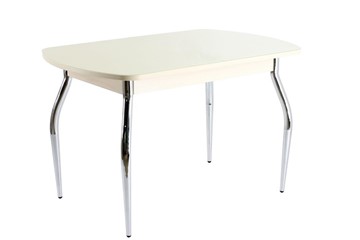 Обеденный стол ПГ-05 СТ1, дуб молочный/песочное стекло/35 хром гнутые металл в Чите