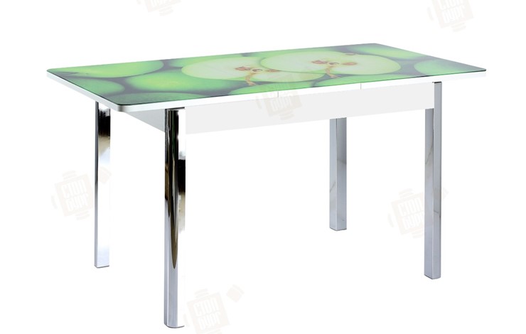 Кухонный стол раздвижной Айсберг-01 СТФ, белый/фотопечать зеленые яблоки/ноги хром квадратные в Чите - изображение 2