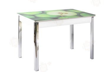 Кухонный стол раздвижной Айсберг-01 СТФ, белый/фотопечать зеленые яблоки/ноги хром квадратные в Чите