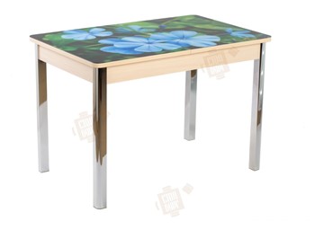 Кухонный стол раздвижной Айсберг-01 СТФ, дуб/фотопечать фиалка/ноги хром квадратные в Чите