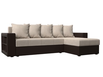 Угловой диван с оттоманкой Дубай Лайт, Бежевый/Коричневый (рогожка/экокожа) в Чите