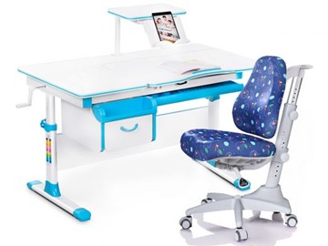 Комплект растущая парта + стул Mealux Mealux EVO Evo-40 BL (арт. Evo-40 BL + Y-528 F) / (стол+полка+кресло) / белая столешница / цвет пластика голубой в Чите