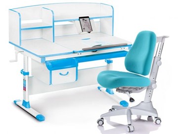 Комплект растущая парта + стул Mealux-EVO Evo-50 BL (арт. Evo-50 BL + Y-528 KBL) / (стол+полка+кресло) / белая столешница / цвет пластика голубой в Чите