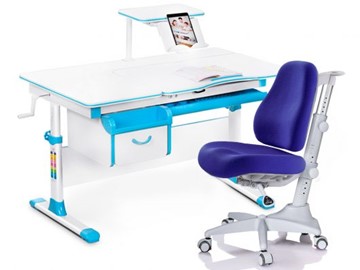 Комплект растущая парта + стул Mealux EVO Evo-40 BL (арт. Evo-40 BL + Y-528 SB) / (стол+полка+кресло) / белая столешница / цвет пластика голубой в Чите