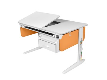 Растущий стол L/70-45 (СУТ 62) с лотком и навесной тумбой, белый/белый/оранжевый в Чите